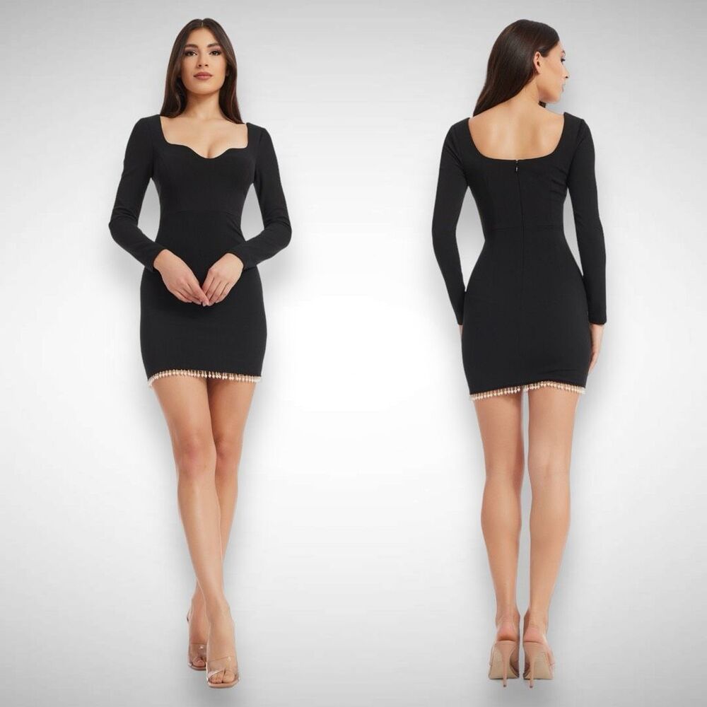 Dress the Population Pearl Trim Ronin Black Mini Dress Size X-Small LBD Cocktail